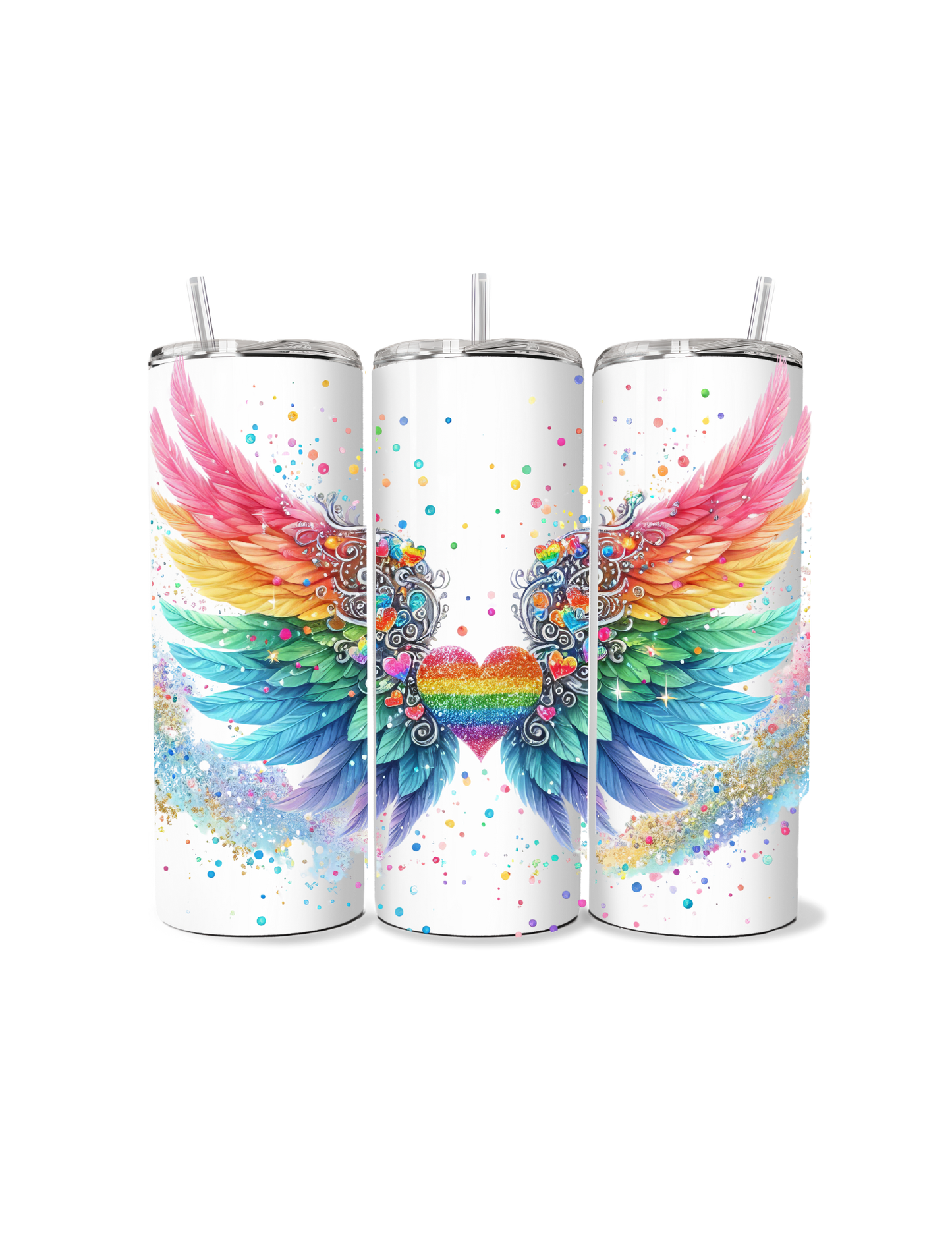 β¨π Fly High with Love! Angel Wings & Rainbow Heart Tumbler πβ¨