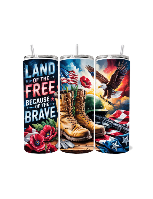🦅🇺🇸 “Land of the Free Because of the Brave” 20oz Stainless Steel Tumbler – Patriotic Tribute Edition 🇺🇸🦅